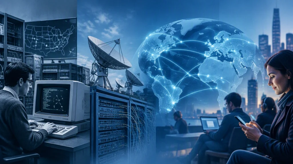Internet đã phát triển từ nghiên cứu quân sự và đại học thành một hệ thống công cộng toàn cầu như thế nào?
